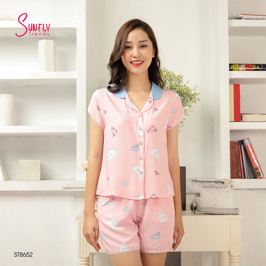 Bộ pijamas lanh Sunfly áo cộc quần sooc ST8652