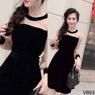 Đầm cổ tron phối voan- d105