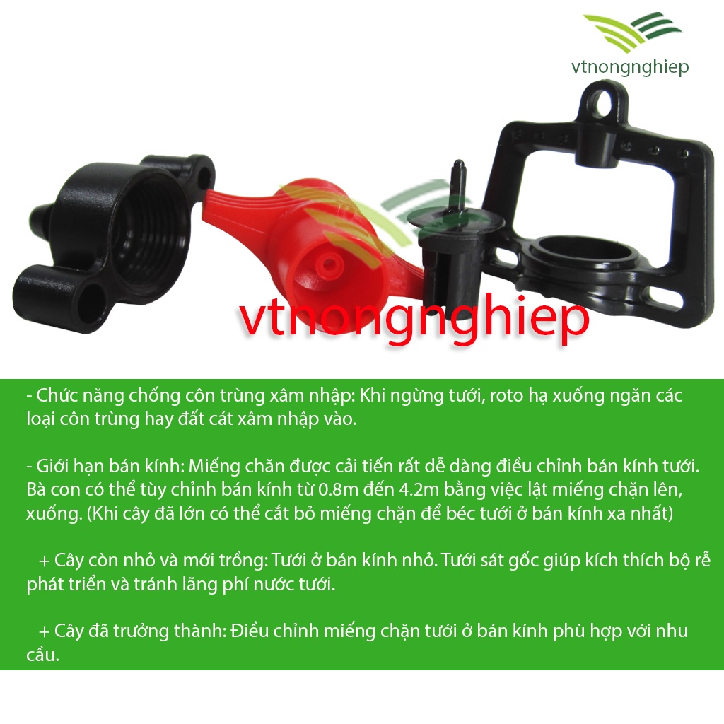 Béc bù áp V7-Pro, bán kính 0.7-1.8m,lưu lượng 35-51-76-92-130lit/h, béc tưới đồi dốc, hàng cây dài, tưới gốc cây