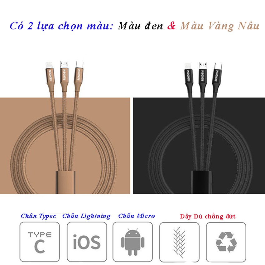 [Freeship] Cáp sạc đa năng 3in1 Sendem M10 - dây sạc dù 3 trong 1, chân Lightning, Micro Usb, Type-C, tải nhanh tiện lợi