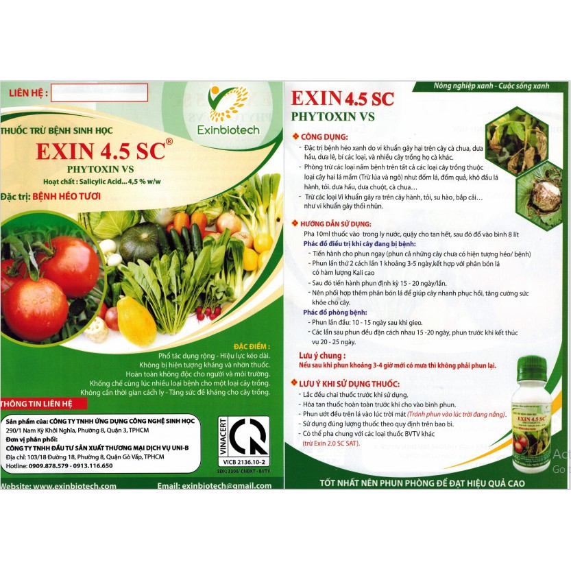 THUỐC SINH HỌC TRỪ BỆNH CHO HOA, RAU MÀU EXIN 4.5SC