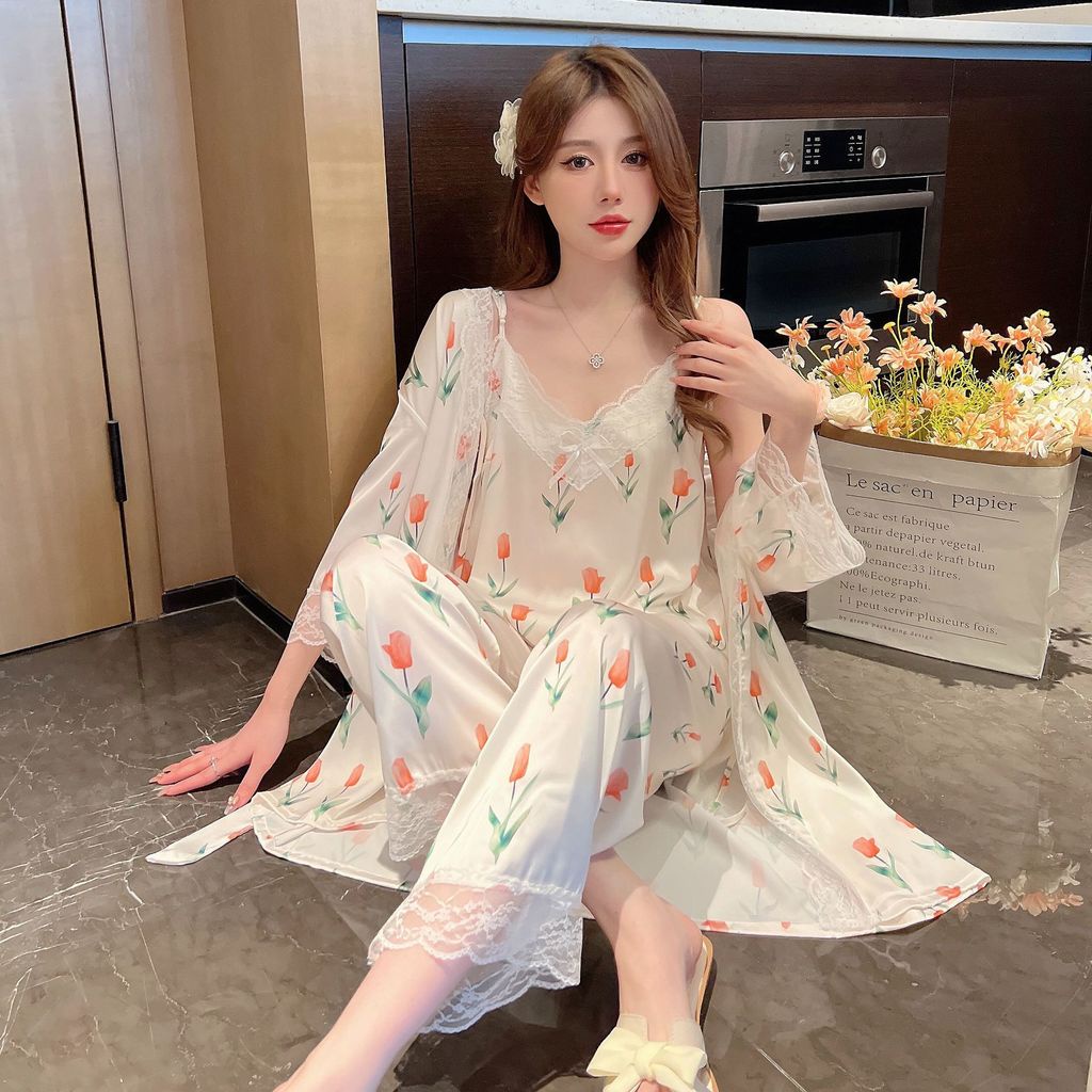 Bộ Đồ Ngủ Lụa Ba Mảnh Tay Dài Phong Cách Hàn Quốc Gợi Cảm Hàng Mới 2022