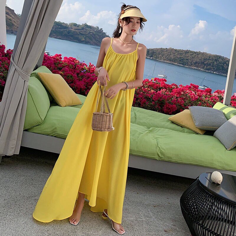 Váy Đầm Maxi Đi Biển Dáng Suông Hở Lưng Sang Chảnh
