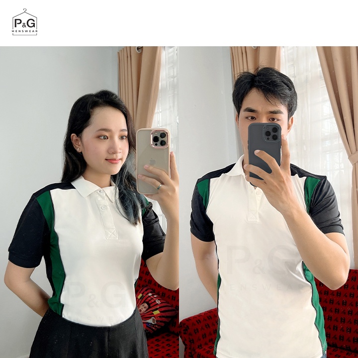 Áo Thun Polo nam nữ cặp đôi Premium, tay ngắn, cổ trụ - ráp phối đứng xen kẻ xanh lá