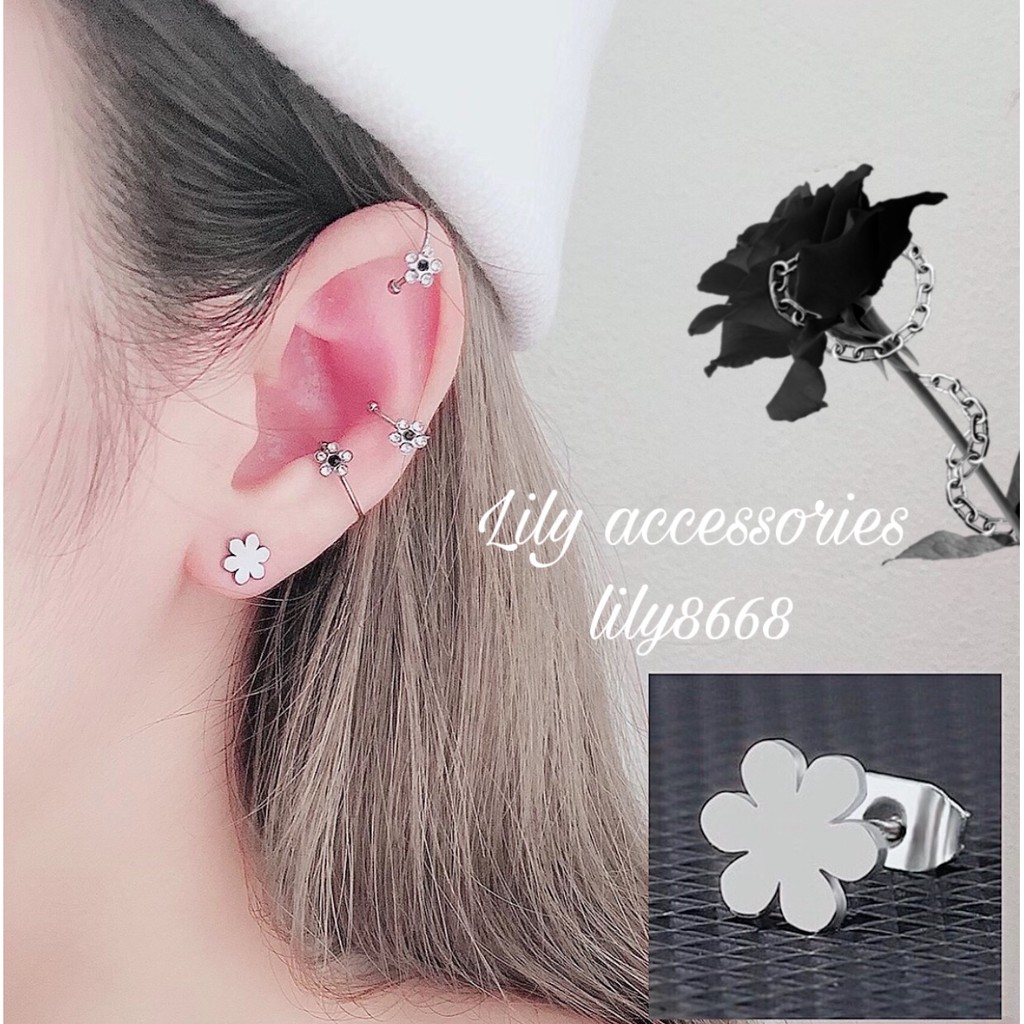 Six Petal Flower Earring khuyên tai titan hoa 6 cánh không gỉ không đen không dị ứng nam nữ Unisex