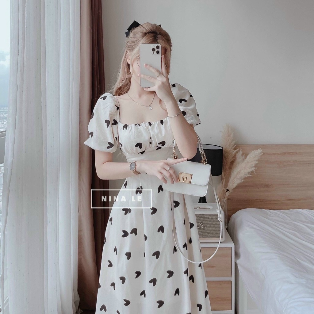 Đầm xòe hoạ tiết nơ ngực có mút xinh xắn