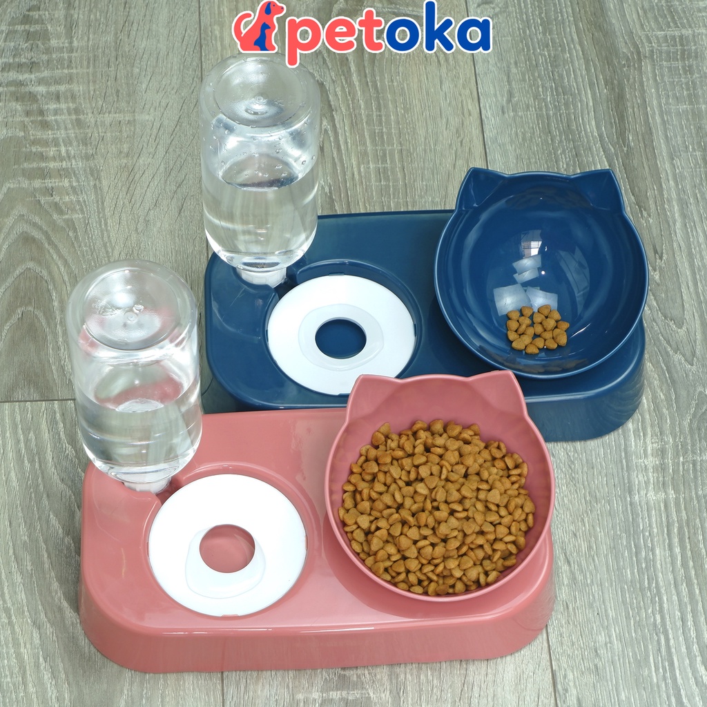 Bát ăn cho mèo chó thú cưng có đế chống lật chống gù và bình nước tự động bằng nhựa hình tai mèo Petoka