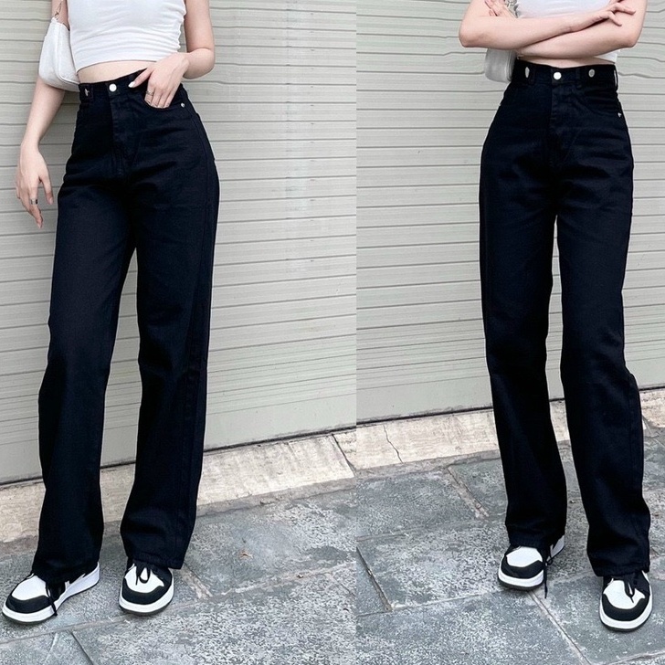 Quần Jean Nữ Ống Suông Lưng Siêu Cao Màu Đen Xanh Cạp Nút | BigBuy360 - bigbuy360.vn