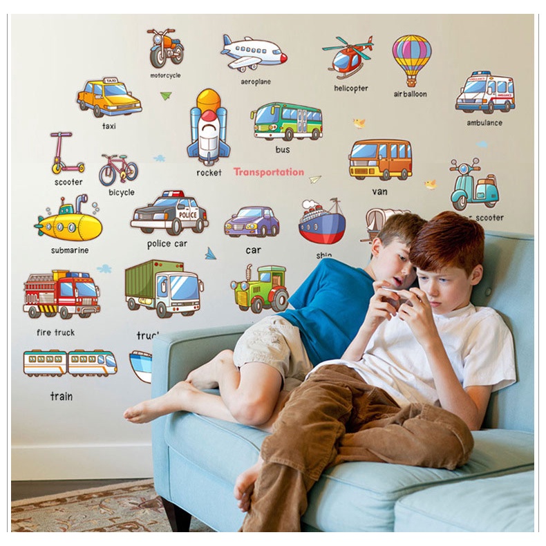 Decal dán tường, tranh trang trí phòng cho bé hình phường tiện giao thông, trang trí lớp học HM92024