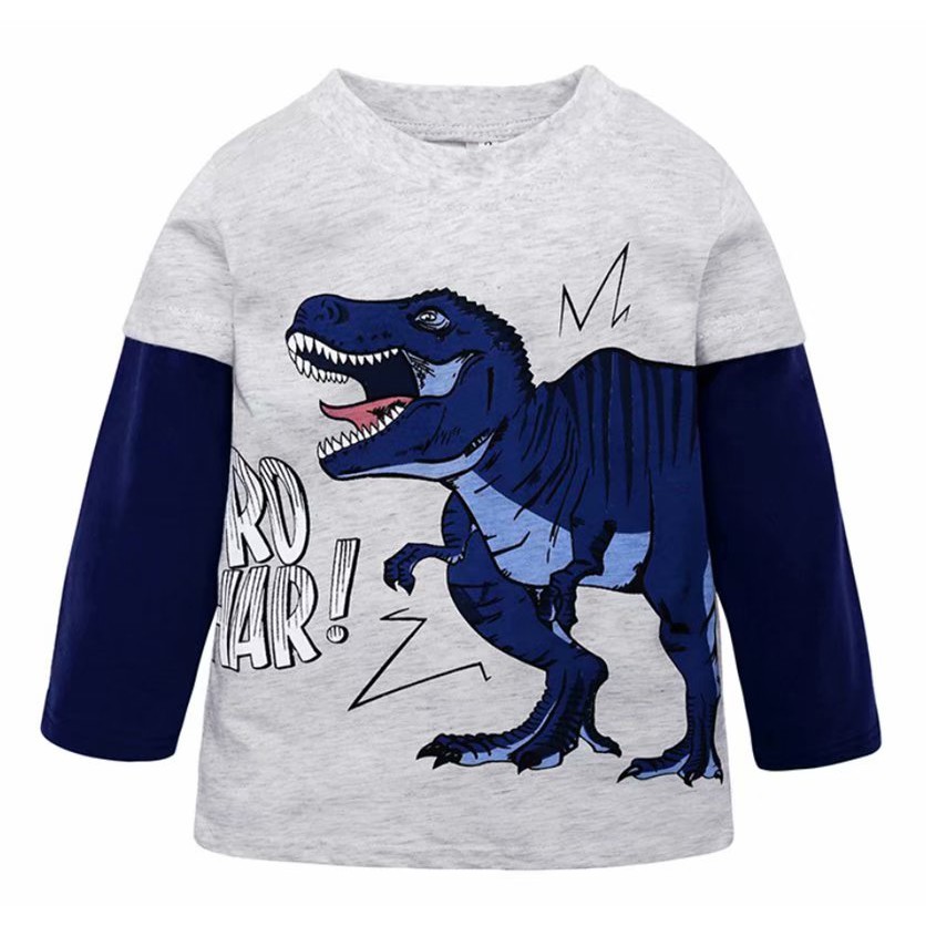 1-8 Yrs New Dinosaur Boy Tshirts Cartoon Long Sleeves Cotton Tshirt Toddler Infant T-shirts White