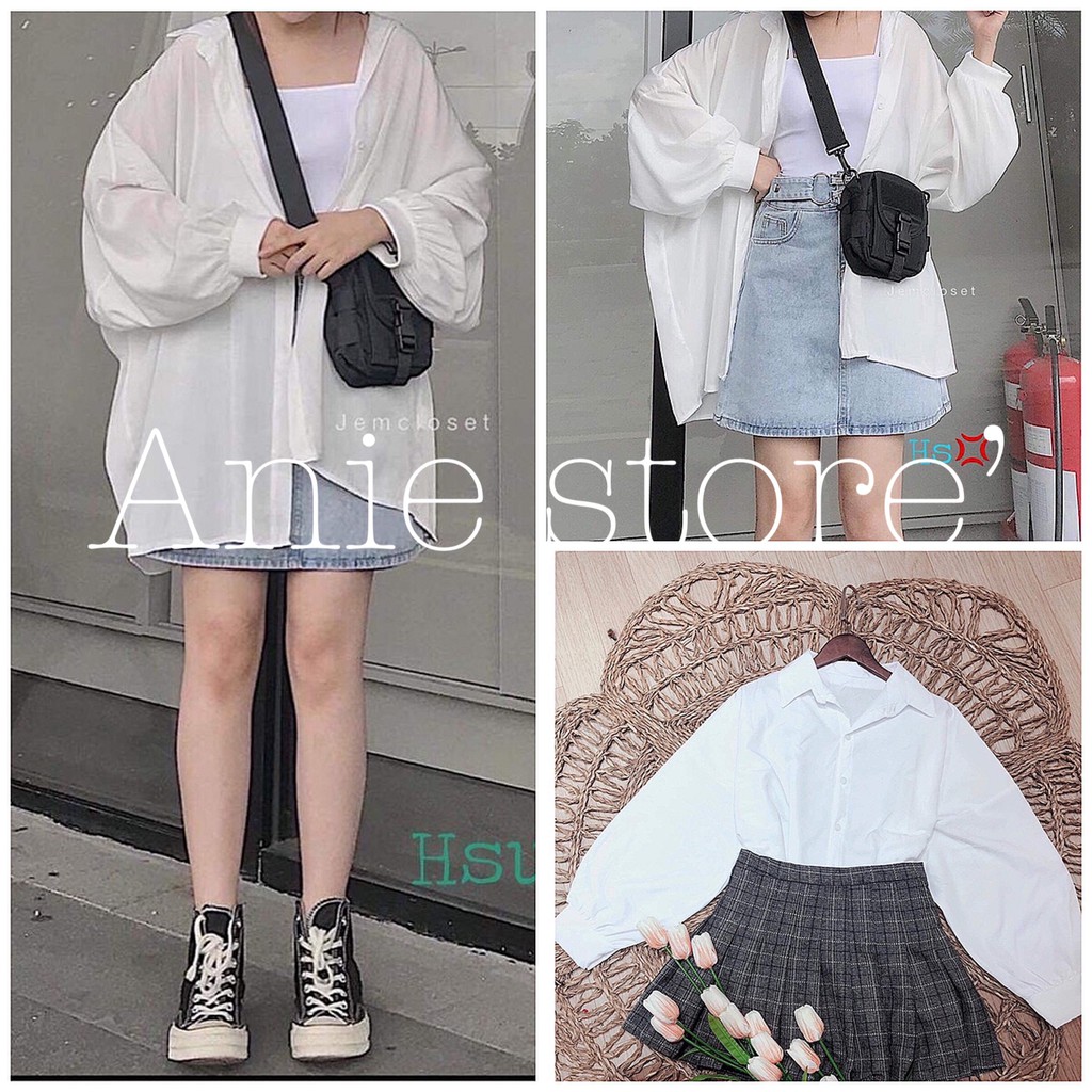 Áo Sơ Mi Nữ Trắng Tay Bồng 🦋FREESHIP🦋 Áo SơMi Dáng Rộng Dài Tay