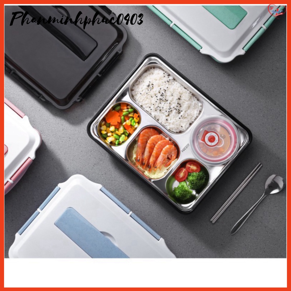 Hộp cơm văn phòng khay Inox 5 ngăn, có giá để điện thoại + thìa đũa Inox cao cấp