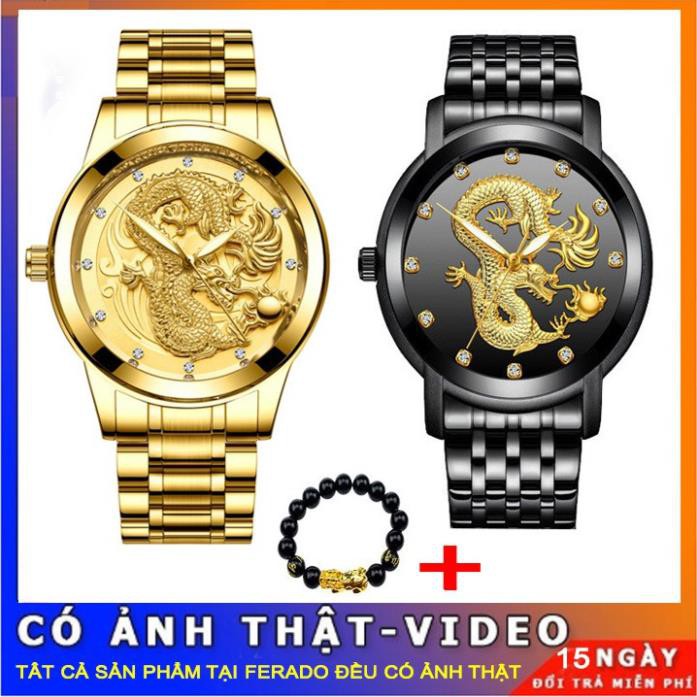 Đồng hồ nam mặt rồng ĐEN dây  hợp kim thép không gỉ Tặng vòng tay tỳ hưu