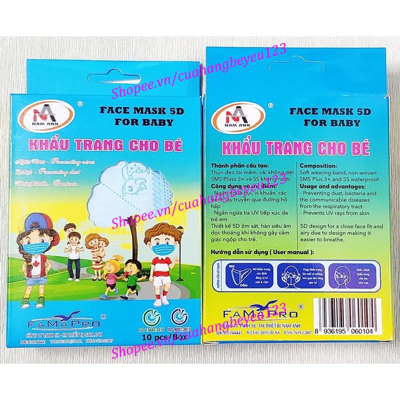 Hộp 10 khẩu trang y tế trẻ em 5D kid - FAMAPRO - Nam Anh - Kháng khuẩn cao cấp - Việt Nam