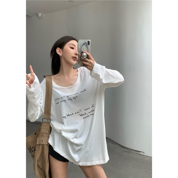Cocory vn Áo Thun Tay Dài Dáng Rộng In Chữ Kiểu Vintage Cá Tính Cho Nữ
