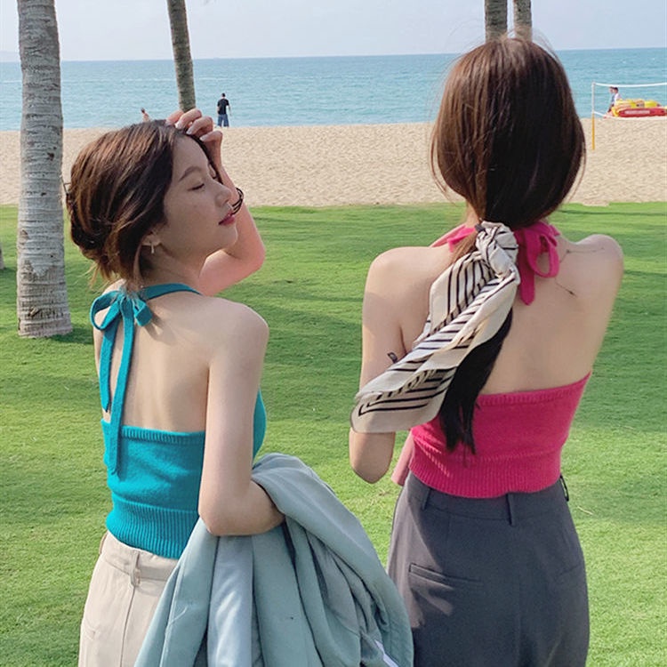 Áo Cổ Yếm Đan Len Hở Lưng Thời Trang Mùa Hè Cho Nữ