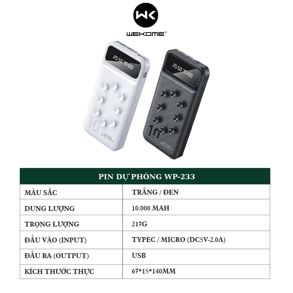 Pin sạc dự phòng Wekome  WP-233 10000mah tích hợp đèn led hiển thị dây cáp 3 in 1 3 đầu đa năng có cao su hít mặt lưng