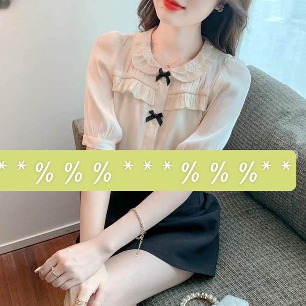 Áo Sơ Mi Nữ  công sở thời trang Suri,vải lụa satin màu kem Đính Nơ Tay Bồng Bèo Cổ-SATIN
