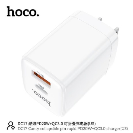 Củ sạc iphone, Củ sạc nhanh Hoco PD 20W DC17 chuôi dẹt gấp gọn 2 cổng USB/Type-C dành cho mọi thiết bị bảo hành 12 tháng