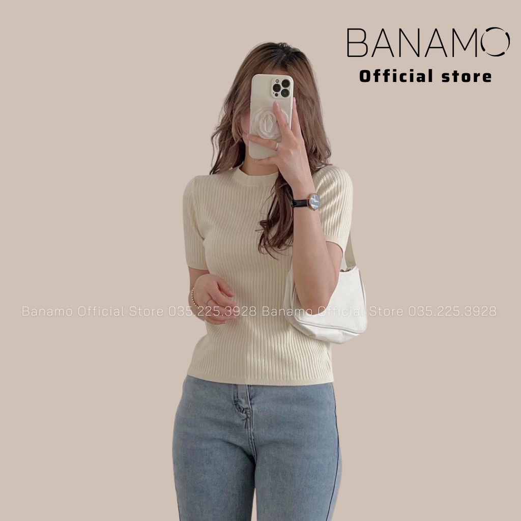 Áo len gân cộc tay cổ tròn nhiều màu thời trang Banamo Fashion áo len gân 3424