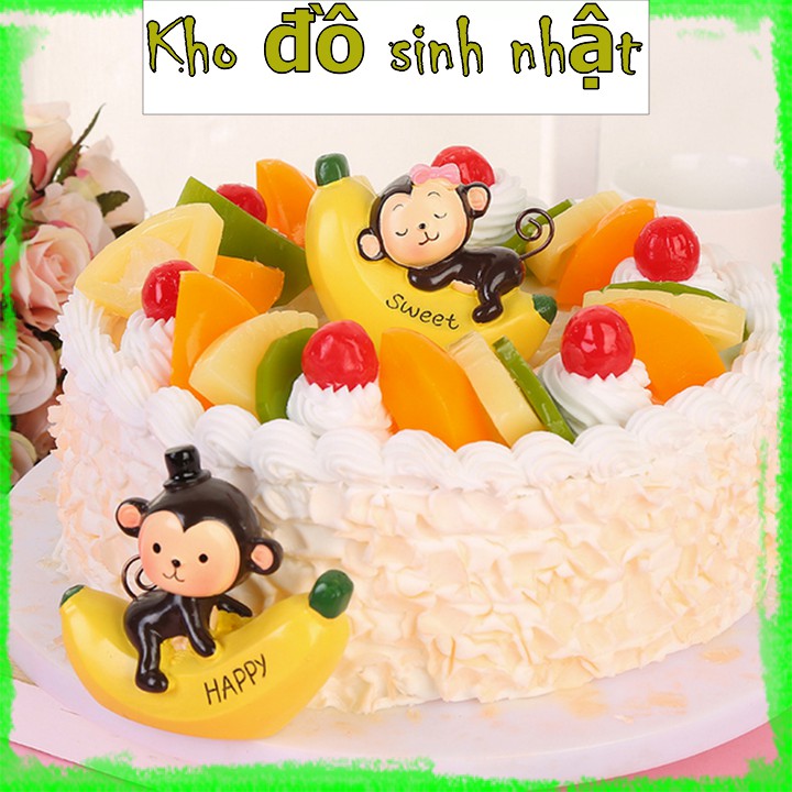 Bộ 2 con chuối khỉ trang trí bánh kem, khỉ ôm chuối