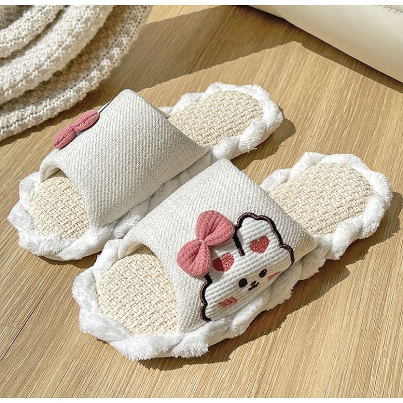 Dép Cói Viền Xoắn Đi Trong Nhà Thỏ Đeo Nơ Hồng
