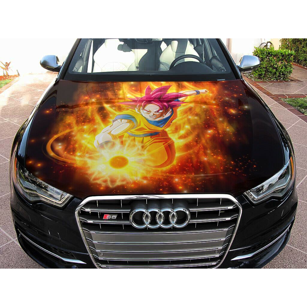 Tem Decal Xe Goku Super Saiyan God Sticker Dán Nắp Capo Đẹp Trang Trí Ô Tô, Xe hơi, Đồ Họa