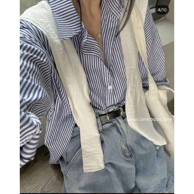 Áo sơ mi nữ kẻ xanh kèm khăn thủy thủ form rộng oversize có thể tháo rời #8638