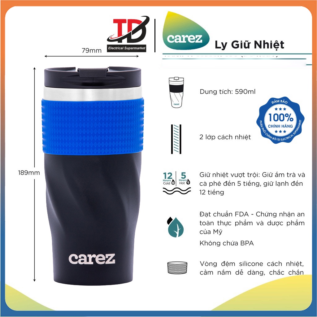 LY GIỮ NHIỆT CAREZ VFC593SB-590ML - màu xanh navy, Inox 304, Không chứa BPA