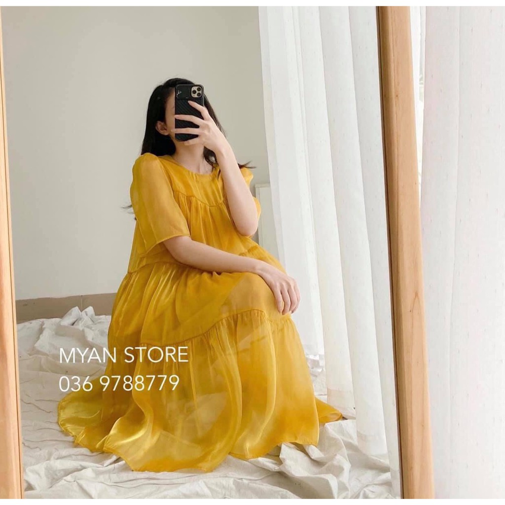 Váy bầu thiết kế dự tiệc cao cấp  FREESHIP  đầm bầu dự tiệc cao cấp organza vàng 3 size