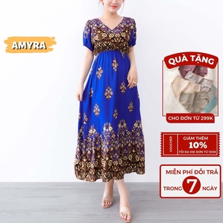 Đầm maxi hoa đi biển dài trung niên có tay AMYRA Váy lanh maxi dài mặc nhà trung niên ngắn tay cho mẹ VA015