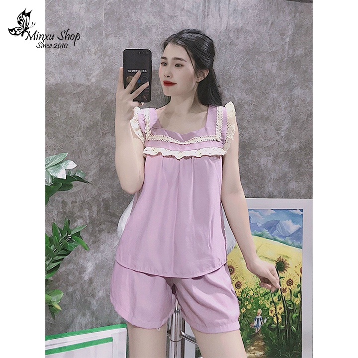 Bộ mặc nhà nữ sát nách vải đũi mát lịm thoải mái, nhiều màu tươi sáng nữ tính, kiểu dáng trẻ trung Minxu Shop AE
