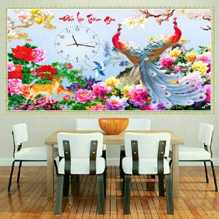 Tranh Đính Đá Đồng Hồ Chim Công 100*66 Tranh Đính Đá Đắc Lộc Toàn Gia LV413