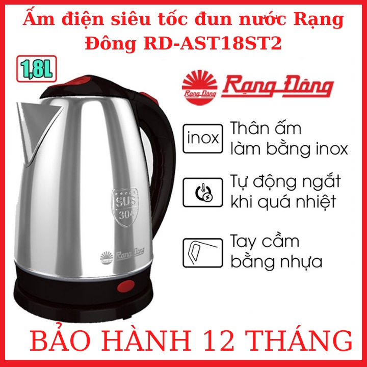 Ấm Siêu Tốc Rạng Đông-Dung Tích 1,8Lit-Tiết Kiệm Điện-Chất Liệu Inox-Bảo Hành 12 Tháng