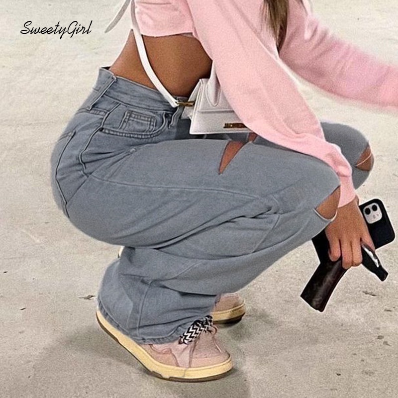 Quần Jean Rách Ống Thẳng Eo Thấp Thời Trang Dành Cho Nữ 2022