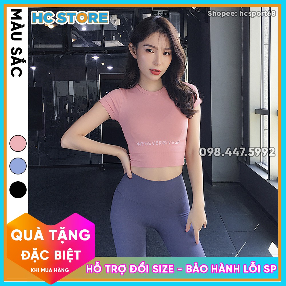 Áo Croptop Tập Gym Yoga Nữ WE NEVER GIVE UP AC14 Phom Body, Có Gen Bụng, Vải Dệt Cao Cấp Co Giãn 4 Chiều - HcSport68