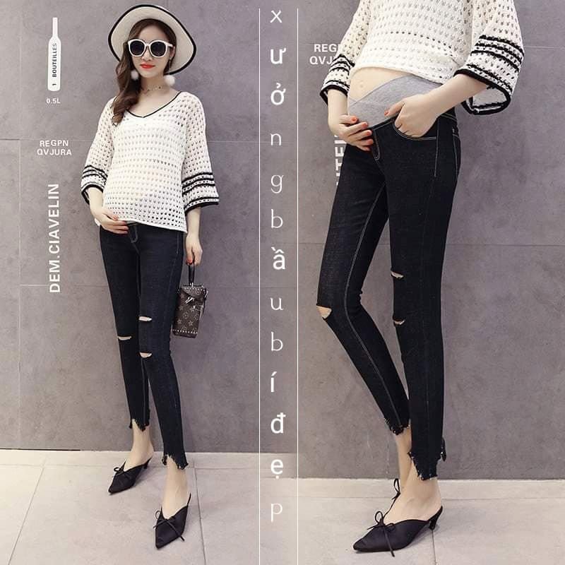 Quần bầu jean thật rách gối xì teen năng động siêu xinh co dãn tốt (kèm ảnh thật)
