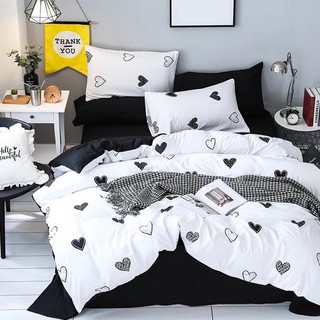 Bộ vỏ chăn ga gối cotton đũi tim trắng đen
