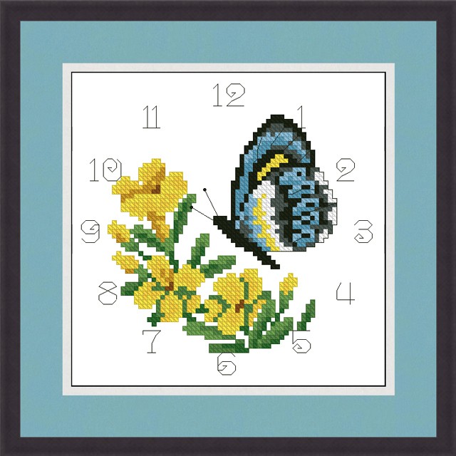 Tranh thêu chữ thập đồng hồ - bộ hoa và bướm - in trên vải