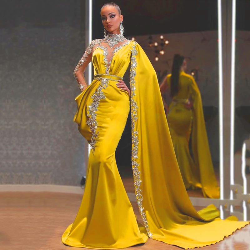 Đầm Maxi Dự Tiệc Ôm Dáng Dài Đính Kim Sa Màu Vàng Gợi Cảm Cho Nữ