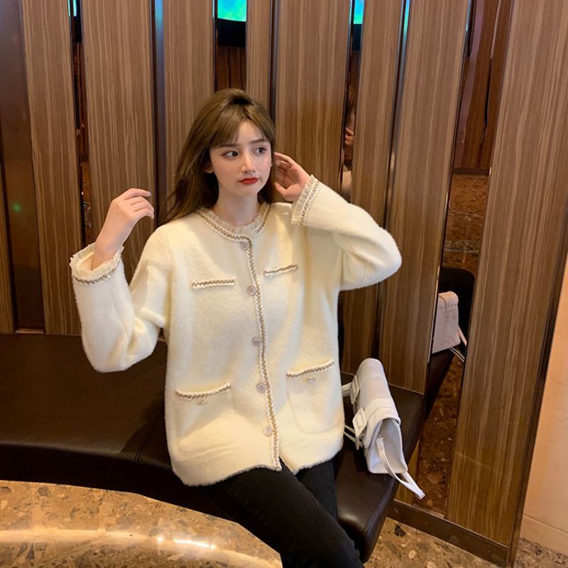 Áo dạ lông mịn cadigan tiểu thư cúc ngọc viền siêu tiểu thư có ảnh thật