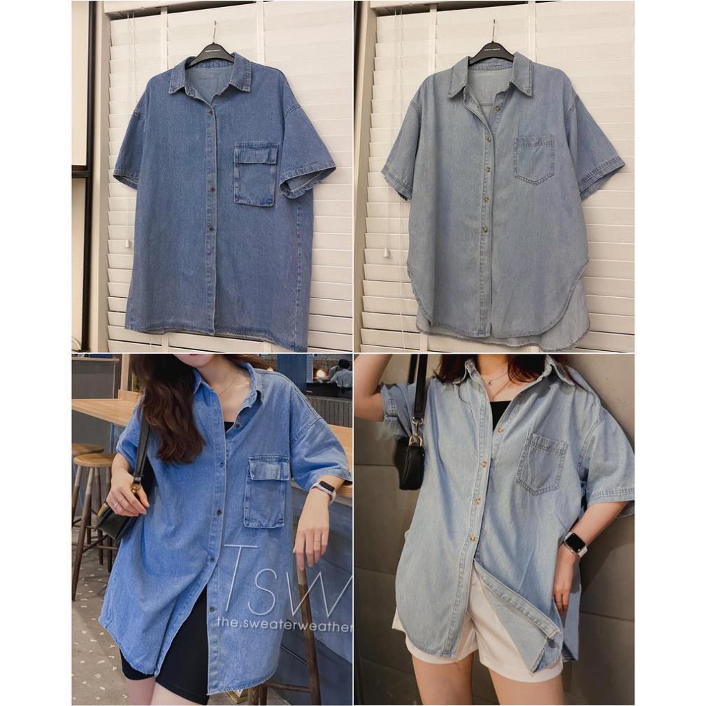 Áo sơ mi denim cộc tay oversize 2 mẫu dày & mỏng ( Ảnh thật )  ྇