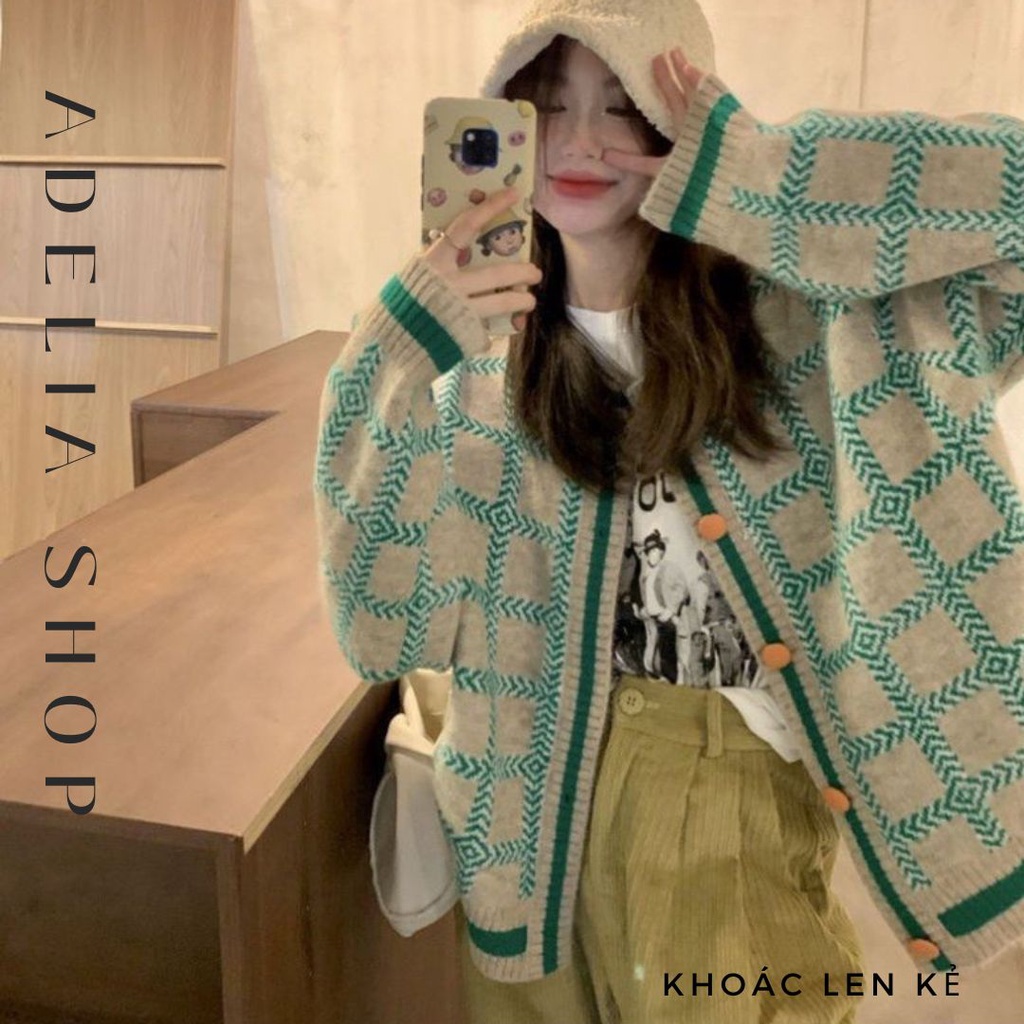 Khoác Len Kẻ Xanh | Áo Khoác Len Nữ Cardigan Cổ Tròn Dài Tay Họa Tiết Kẻ Vuông Dáng Basic Xinh Xắn A