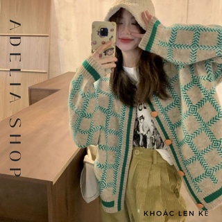Khoác Len Kẻ Xanh | Áo Khoác Len Nữ Cardigan Cổ Tròn Dài Tay Họa Tiết Kẻ Vuông Dáng Basic Xinh Xắn AdeliaShop