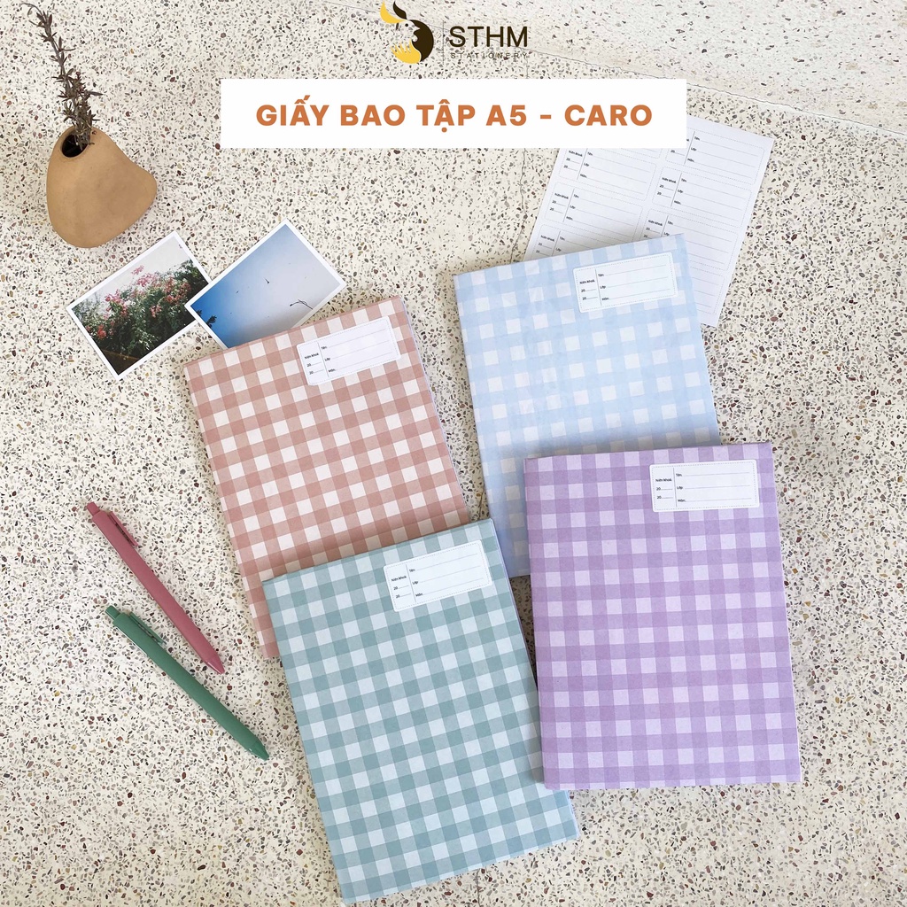 Giấy bao tập A5 - Caro - Tặng kèm 8 nhãn vở - Giấy kraft trắng 100gsm - Giấy dai, chống thấm nhẹ - STHM stationery