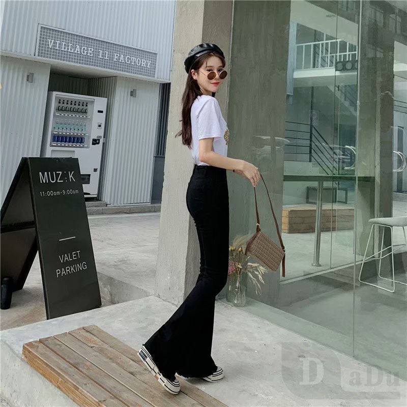 Daduhey Quần Jeans Nữ Lưng Cao Ống Loe Plus Size