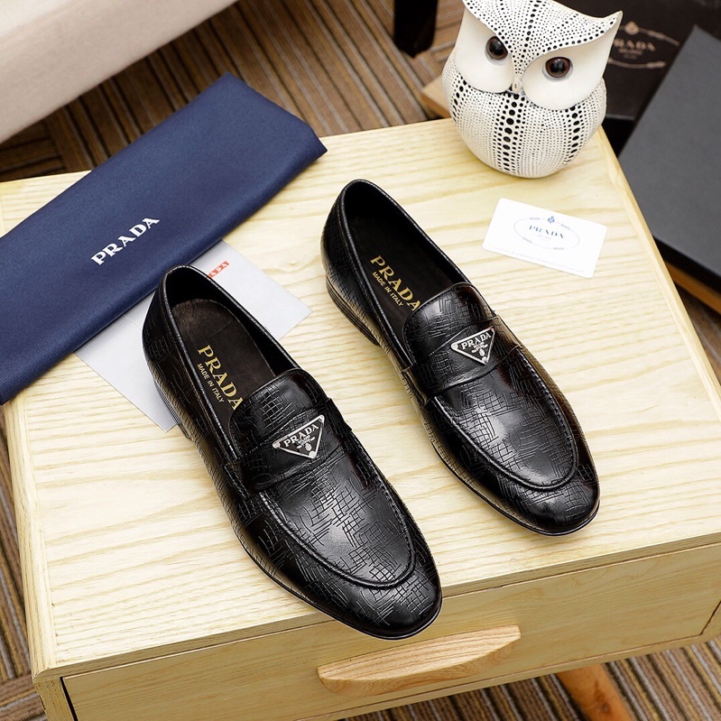 Giày tây lười công sở da thật logo thương hiệu Prada cao cấp cho nam