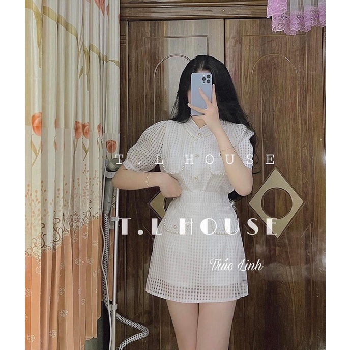 set áo sơ mi cúc ngọc phối chân váy chữ A
