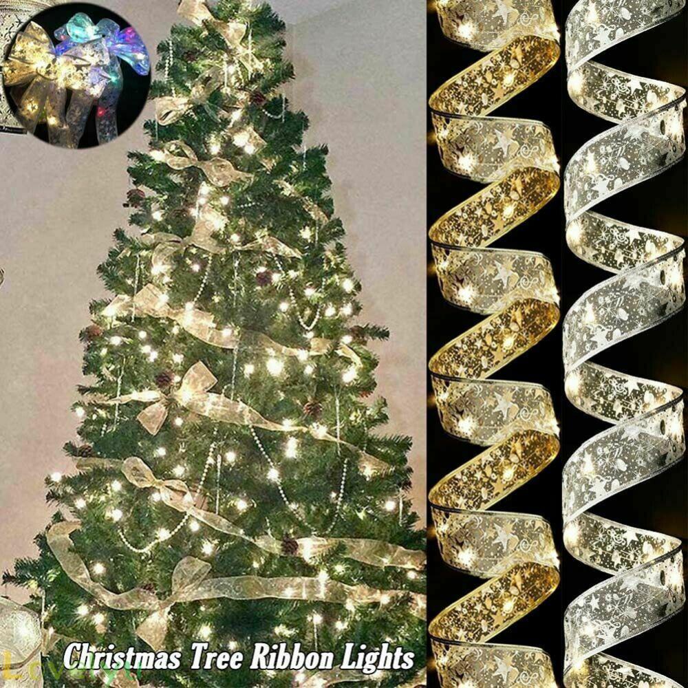 [ FAST SHIPPING ]4M LED Ribbon Christmas Tree Topper Lights Xmas Tree Ribbon Bows Party-Ornament