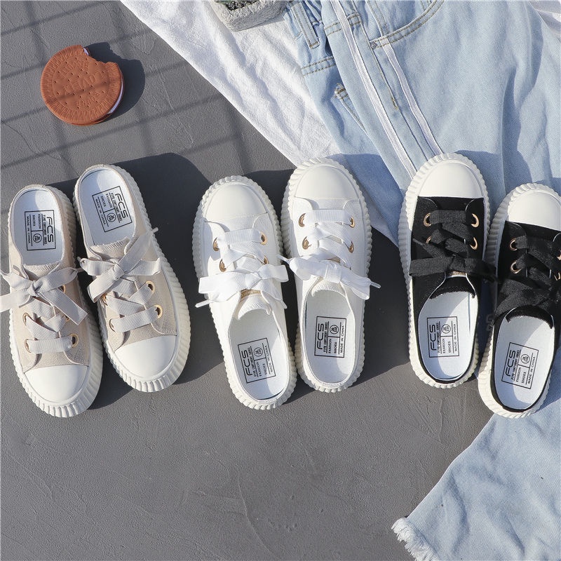 Giày Lười Không Gót Bằng Vải Canvas Đính Ruy Băng 3 Kiểu Thời Trang Mùa Hè Cho Nữ Size 35-40